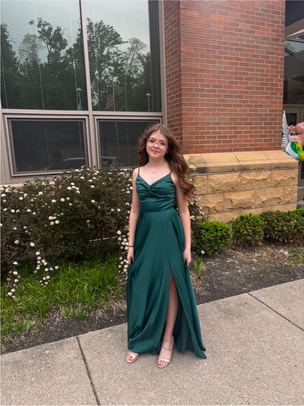Emerald Green Satin Evening Dress with Front Slit